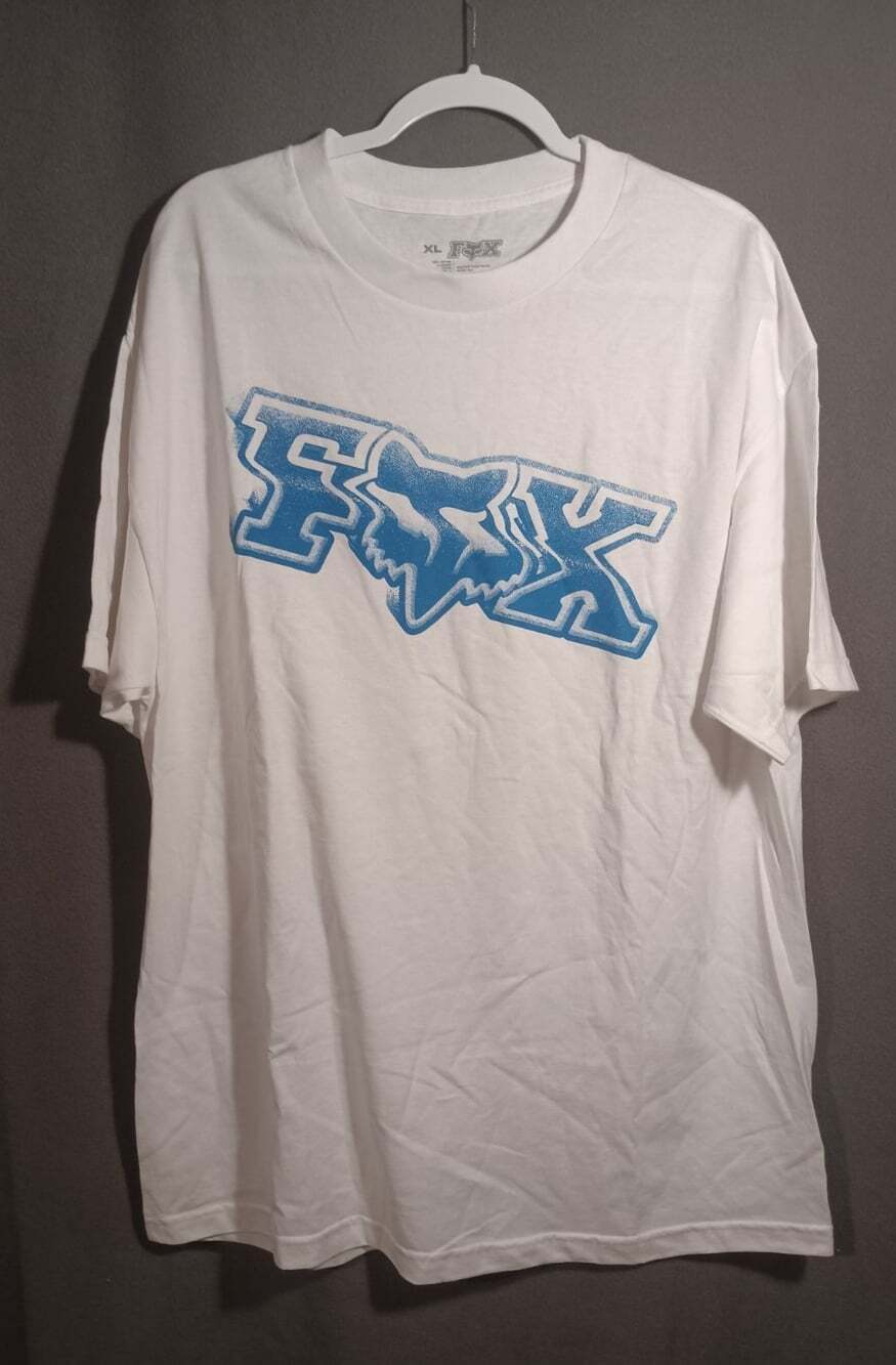 Fox Racing Men’s XL White Tee Blue Graphic Short Sleeve Crew Neck Cotton Shirt